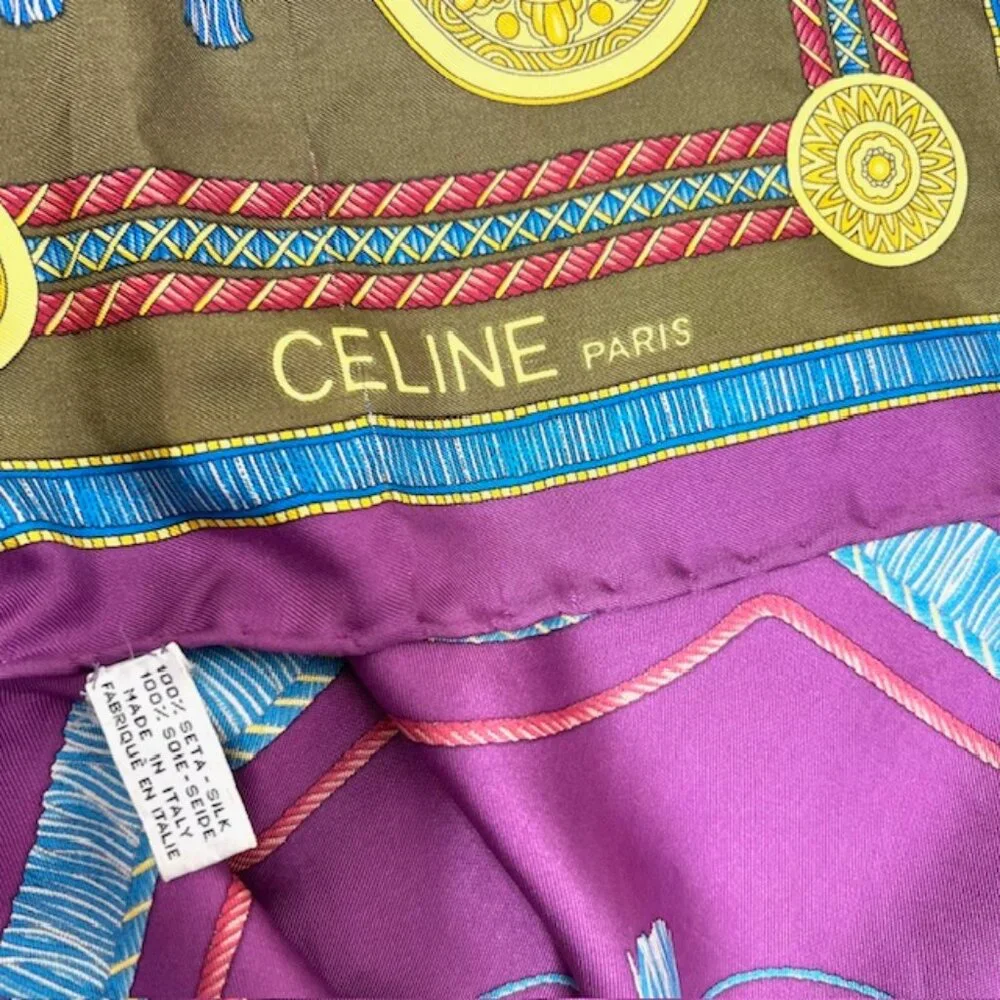 Vgt Celine Paris 100% Silk Scarf Satin 32" purple blue olive red twine tassel(44 - Picture 10 of 15